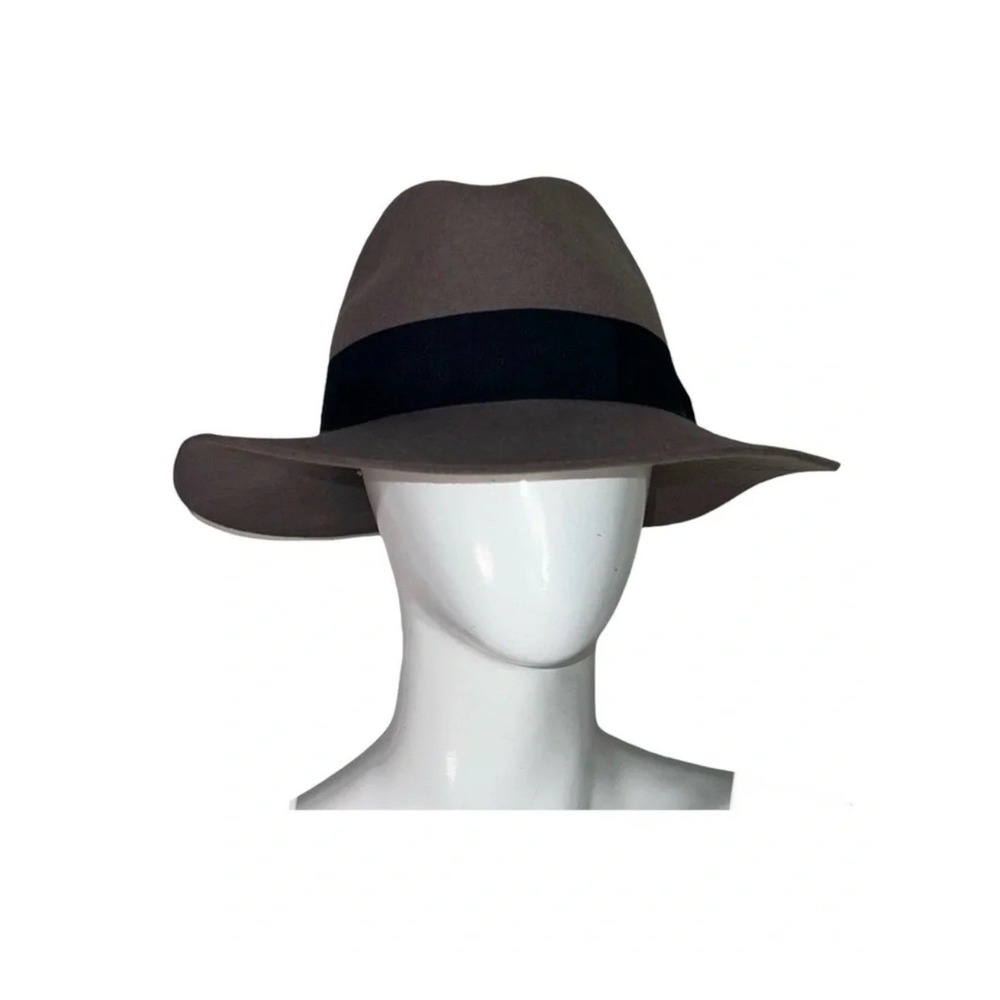 Hatch Womens 100% Wool Wide Brim Fedora Hat Taupe Grey Black Ribbon One Size